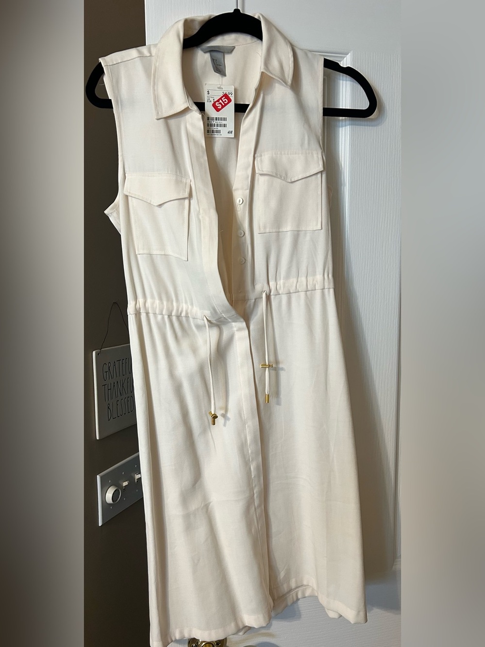 H&M Sleeveless Ivory Shirtdress with Drawstring Waist